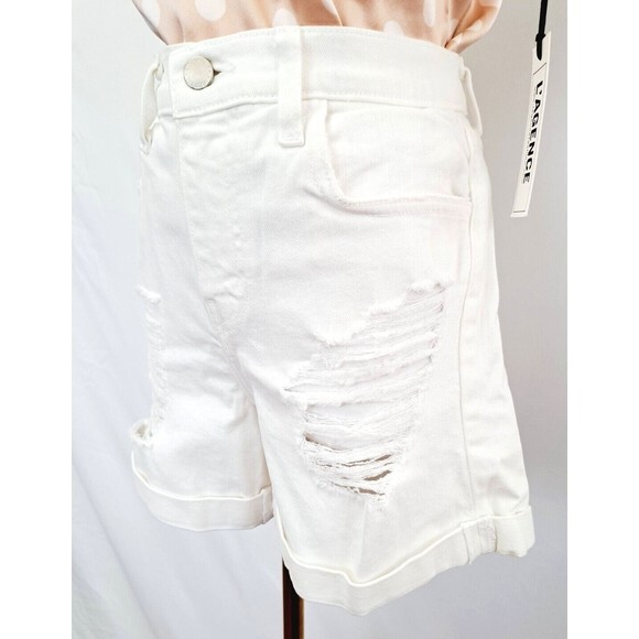 New! L'AGENCE White Balboa Distressed Cuffed Denim Jean Shorts 25 Ripped Stretch - Picture 3 of 10